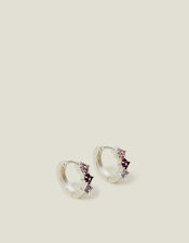 Sterling Silver-Plated Gem Flower Hoop Earrings, , large