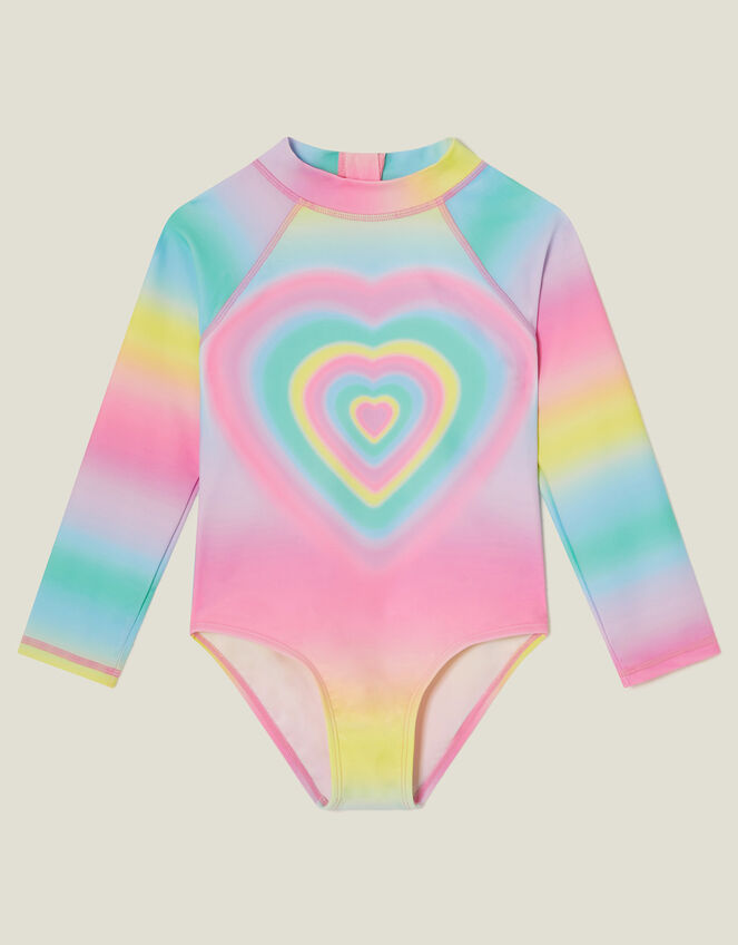 Girls UPF 50+ Heart Long Sleeve Swimsuit, Multi (PASTEL MULTI), large
