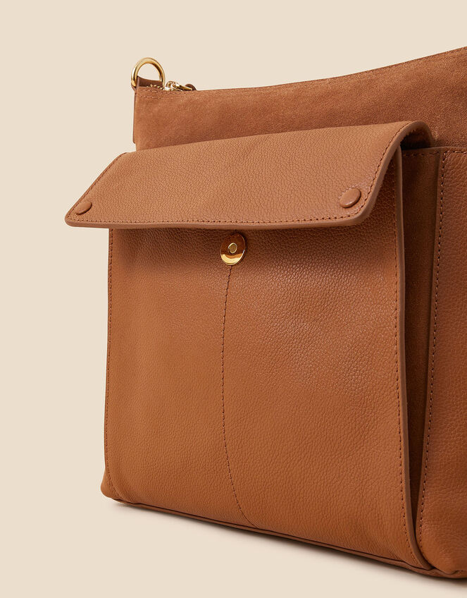 Large Fold Over Flap Leather Messenger Bag, Tan (TAN), large