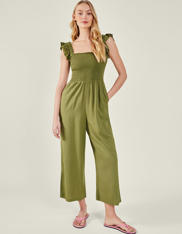 Frill Shoulder Jumpsuit, Green (KHAKI), large