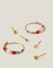3-Pack 14ct Gold-Plated Stainless Steel Stud and Hoop Earrings, , large