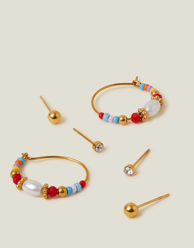 3-Pack 14ct Gold-Plated Stainless Steel Stud and Hoop Earrings, , large