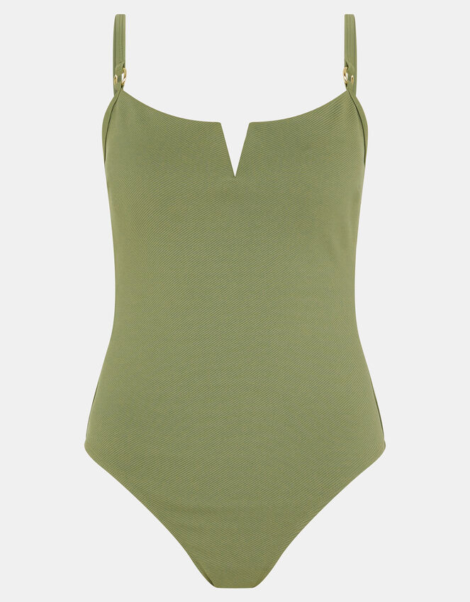 V Front Rib Shaping Swimsuit, Green (KHAKI), large