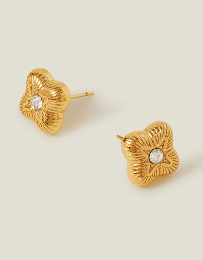 14ct Gold-Plated Diamante Clover Stud Earrings, , large