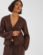 Crinkle Long Sleeve Tie Top, Brown (CHOCOLATE), large
