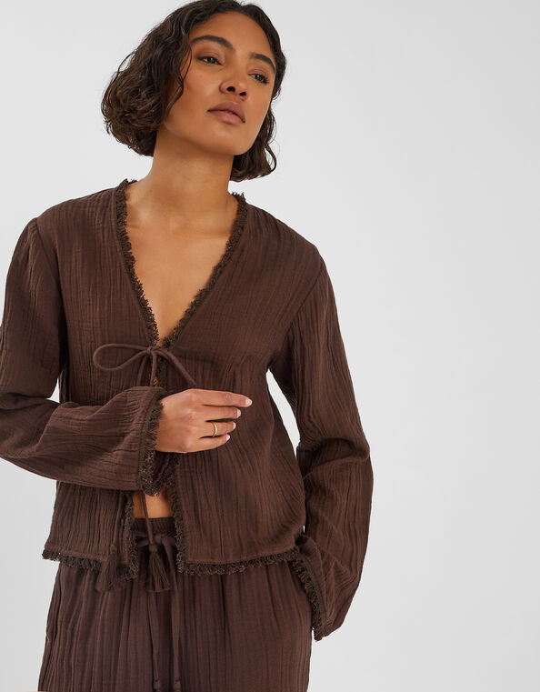 Crinkle Long Sleeve Tie Top, Brown (CHOCOLATE), large