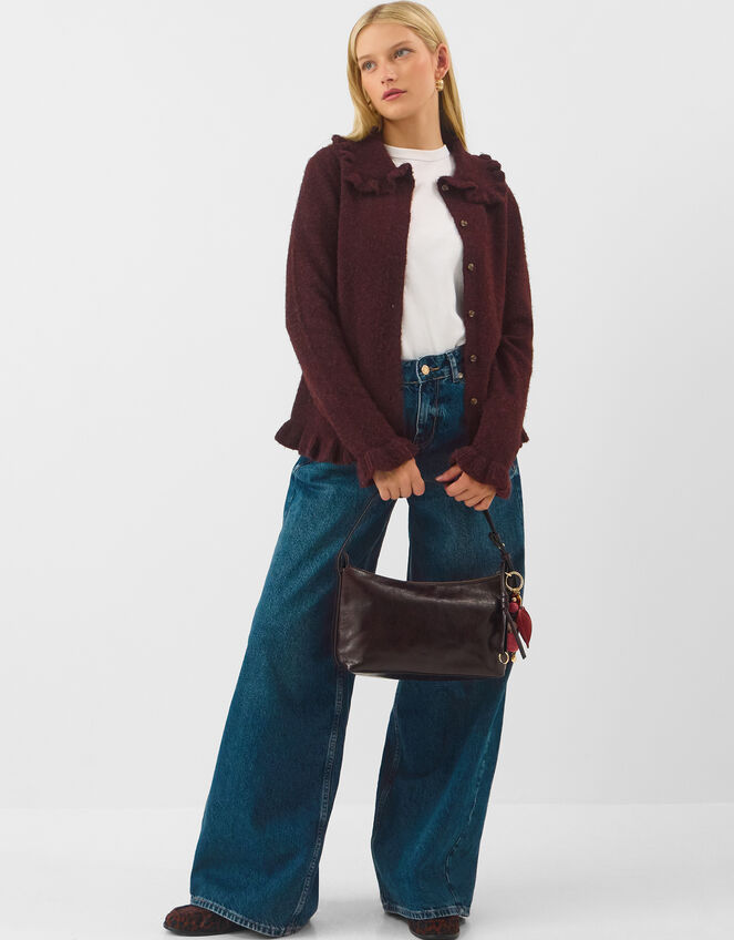 Ruffle Collar Cardigan, Brown (CHOCOLATE), large