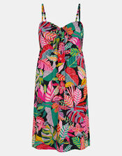 Tropical Print Tie Front Mini Dress, Black (BLACK), large