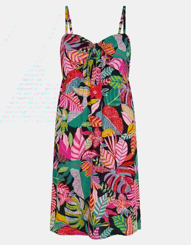 Tropical Print Tie Front Mini Dress, Black (BLACK), large