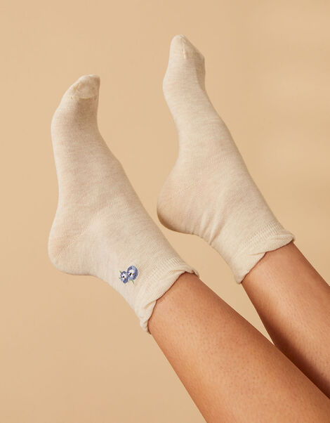 Embroidered Pansy Socks, , large