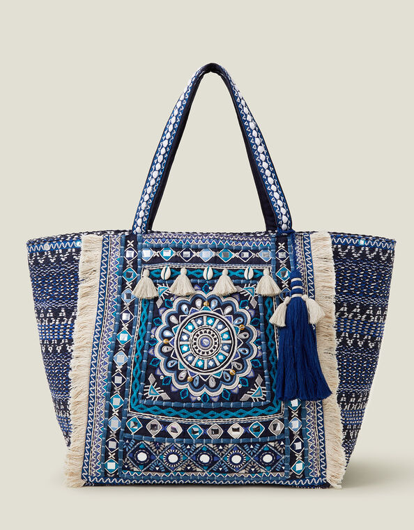 Embroidered Tassel Tote Bag, , large