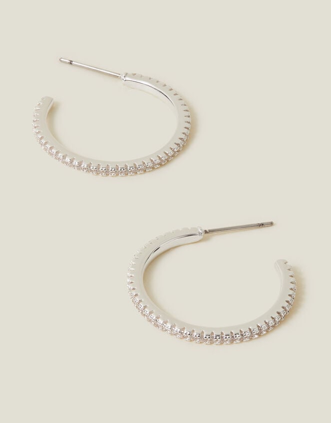 Sterling Silver-Plated Medium Sparkle Hoops, , large