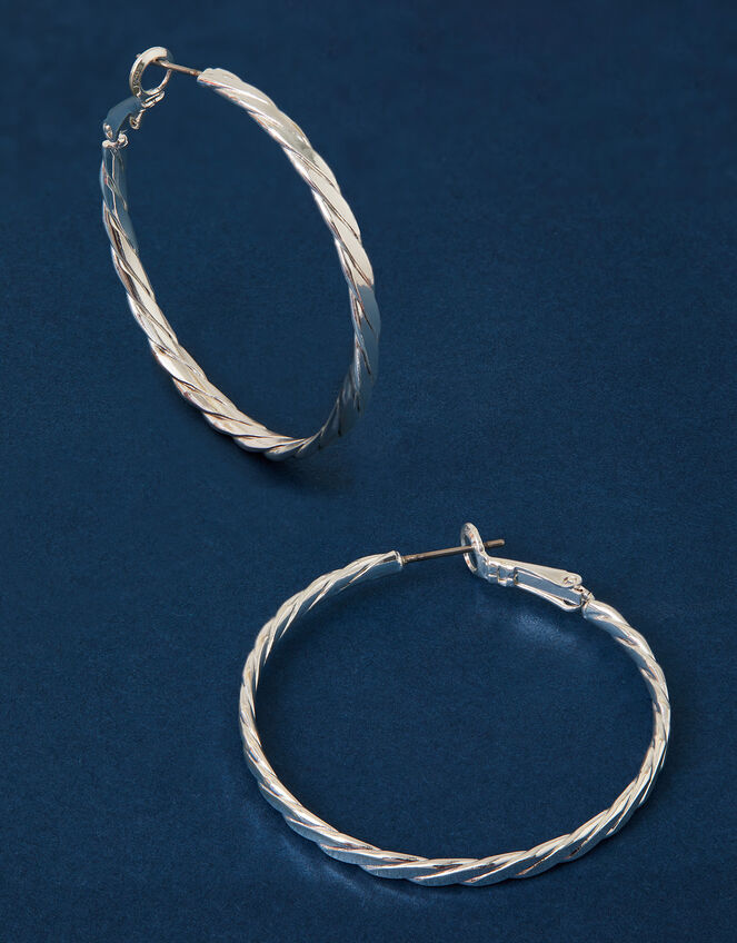 Sterling Silver-Plated Twist Hoop Earrings, , large