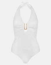 Tropical Jacquard Plunge Swimsuit, White (WHITE), large