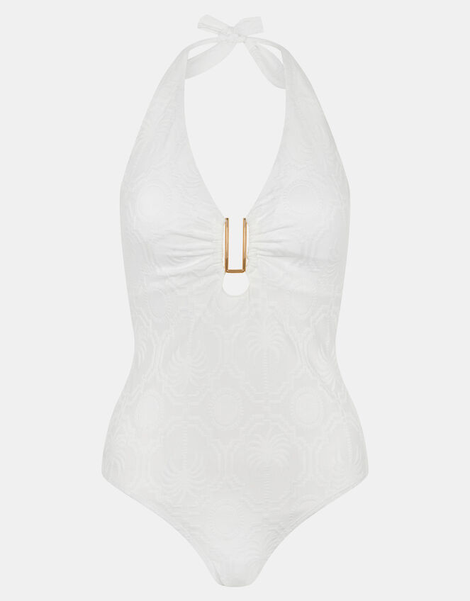 Tropical Jacquard Plunge Swimsuit, White (WHITE), large