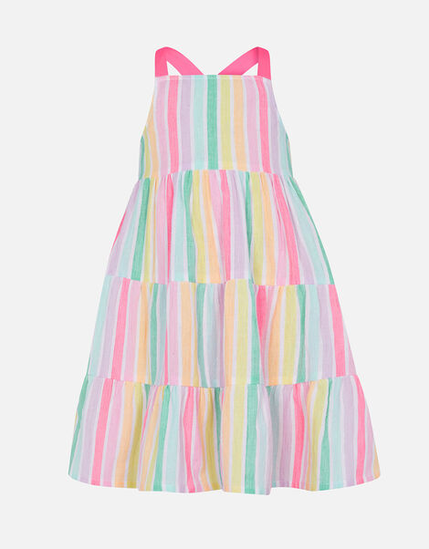 Girls Rainbow Stripe Tiered Dress Multi, Multi (BRIGHTS-MULTI), large