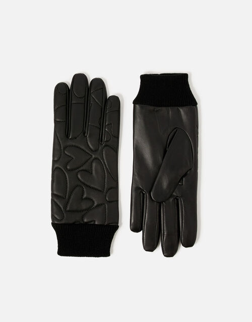 Heart Embossed Leather Gloves, Black (BLACK), large