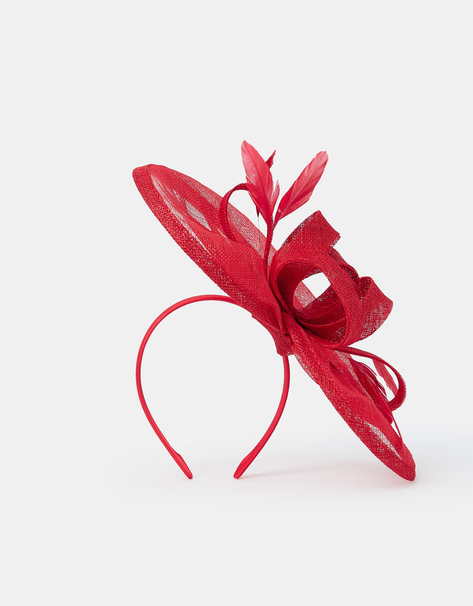 Woven Bow Feather Disc Fascinator, Red (RED), large