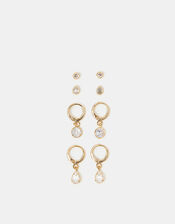4-Pack 14ct Gold-Plated Crystal Hoop & Stud Earrings, , large