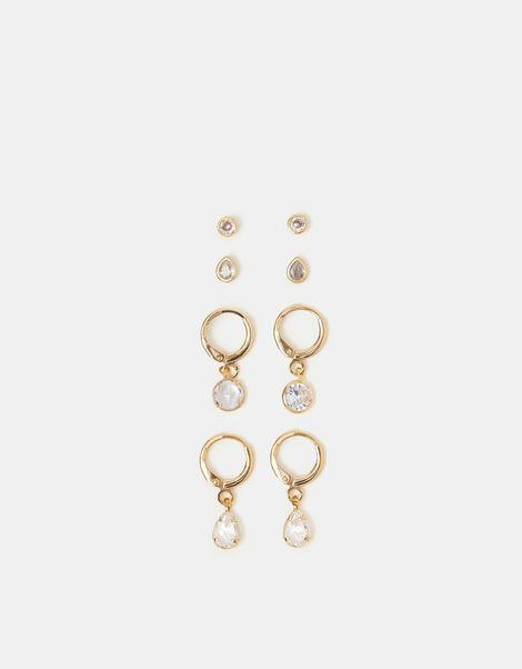 4-Pack 14ct Gold-Plated Crystal Hoop & Stud Earrings, , large