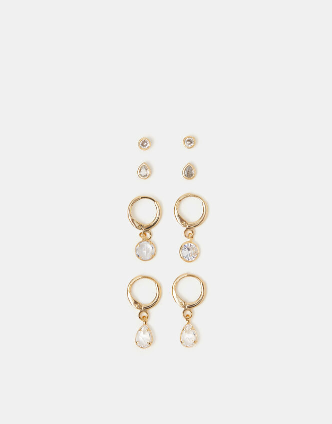 4-Pack 14ct Gold-Plated Crystal Hoop & Stud Earrings, , large