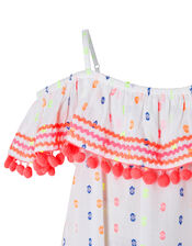 Dobby Spot Bardot Dress with Pom-Pom Trim, White (WHITE), large