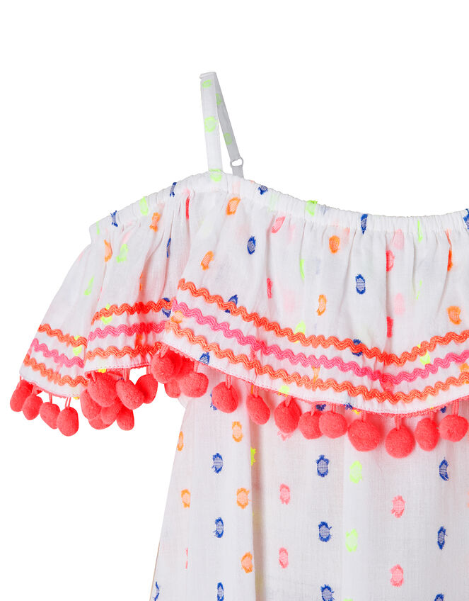 Dobby Spot Bardot Dress with Pom-Pom Trim, White (WHITE), large