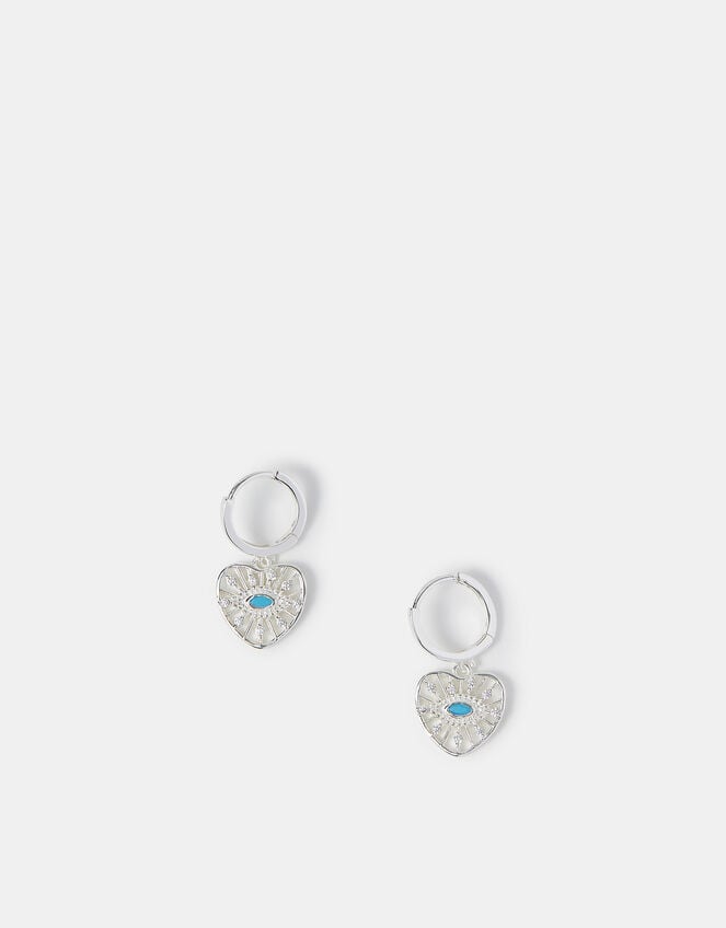 Sterling Silver-Plated Evil Eye Charm Hoop Earrings, , large
