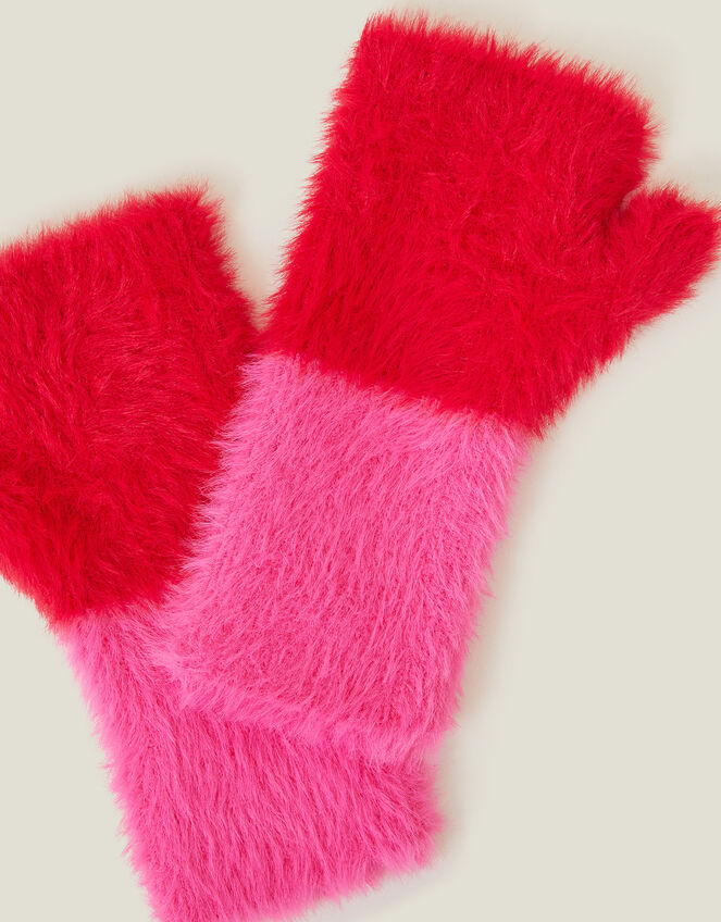 Colour Block Fuzzy Fingerless Gloves, , large