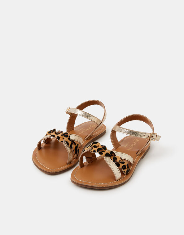 Girls Leopard Print Metallic Leather Sandals, Gold (GOLD), large