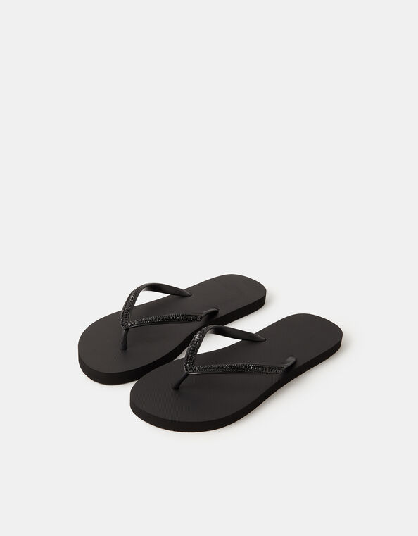 Crystal Embellished Flip Flops, Black (BLACK), large