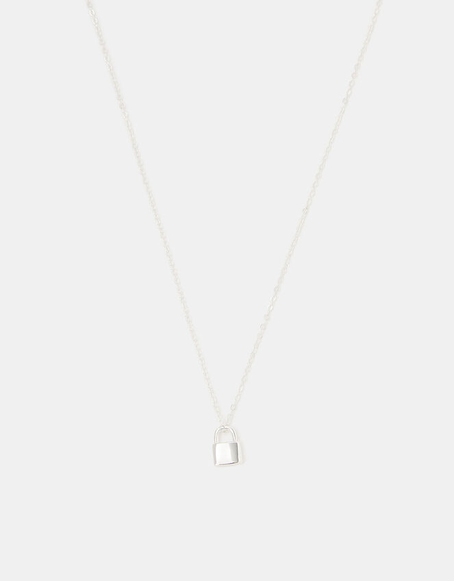Sterling Silver Lock Pendant Necklace, , large
