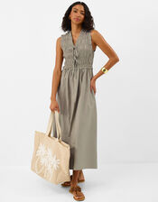 Tie Front Smocked Midi Dress, Green (KHAKI), large