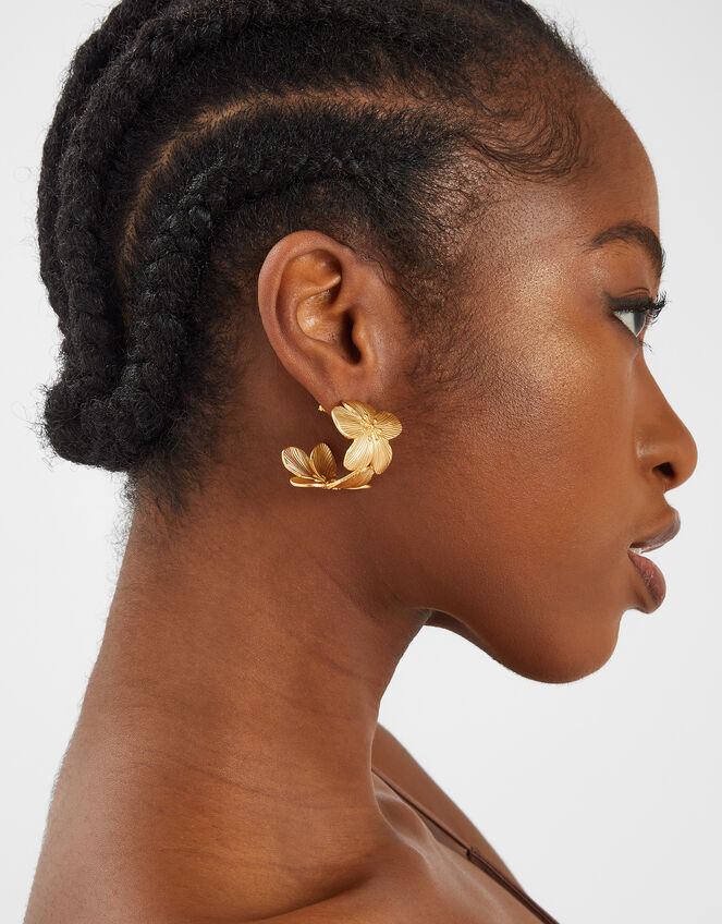 Statement Flower Hoop Earrings Gold, , large