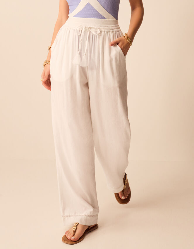 Lace Trim Wide Leg Beach Trousers, White (WHITE), large