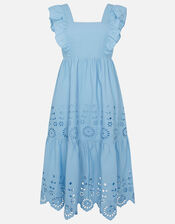 Broderie Frill Shoulder Midi Dress, Blue (BLUE), large
