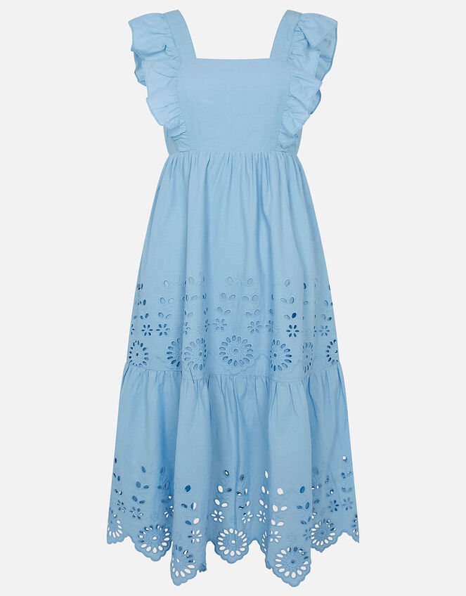 Broderie Frill Shoulder Midi Dress, Blue (BLUE), large