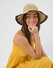 Two Tone Crochet Straw Bucket Hat, , large