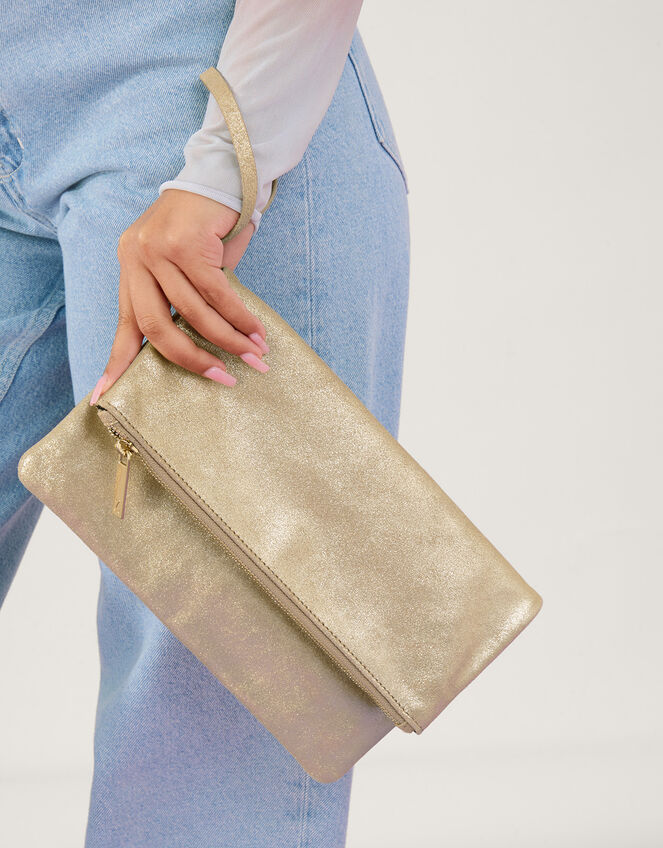 Leather Metallic Clutch, Gold (GOLD), large