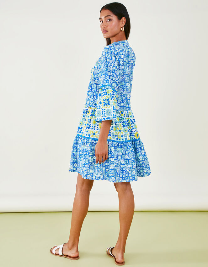 Retro Tile Print Dress, Blue (BLUE), large