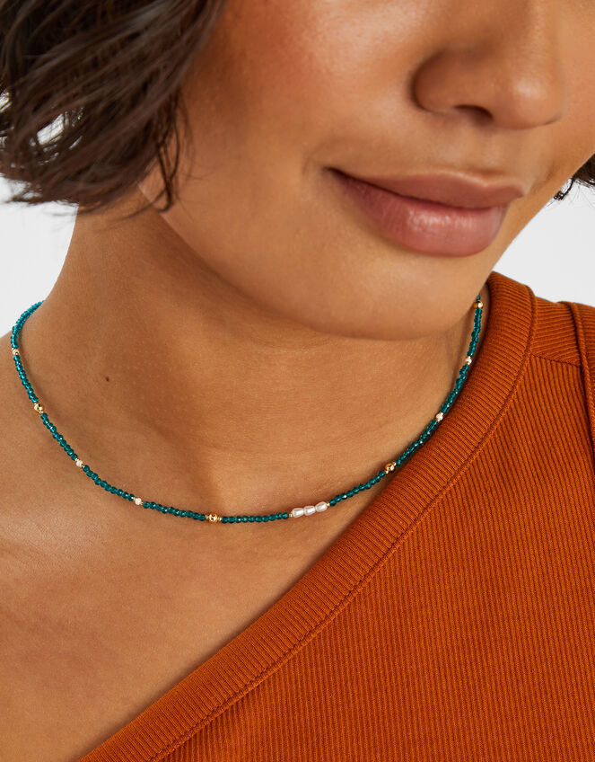 14ct Gold-Plated Beaded Pearl Necklace, Teal (TEAL), large