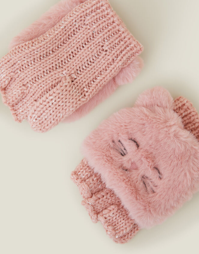 Girls Cat Fingerless Mitten Gloves, Pink (PINK), large
