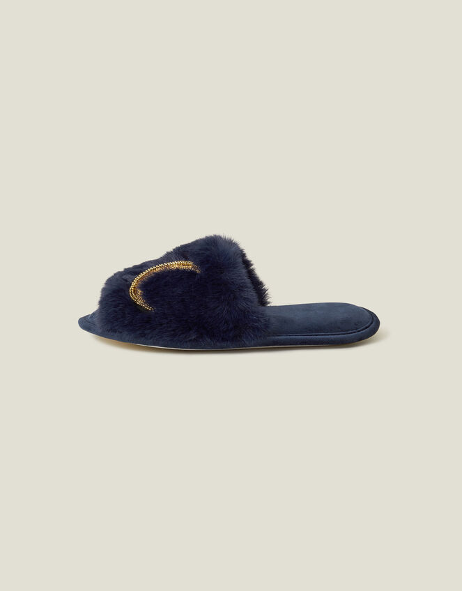 Moon Faux Fur Mule Slippers, Blue (NAVY), large