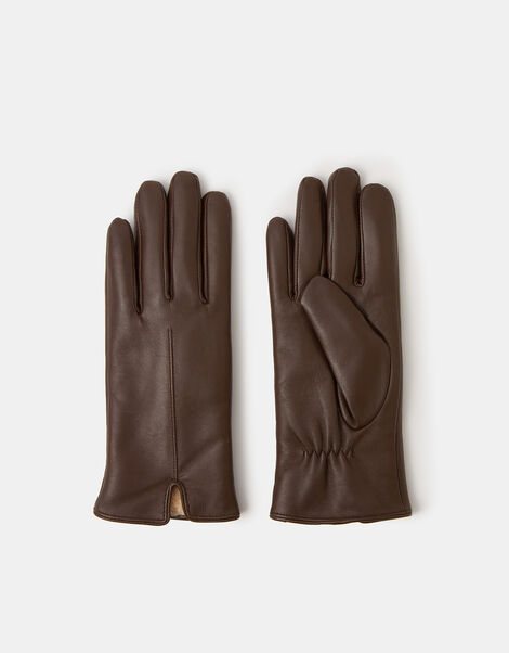 Faux Fur Lined Leather Gloves, Brown (CHOCOLATE), large
