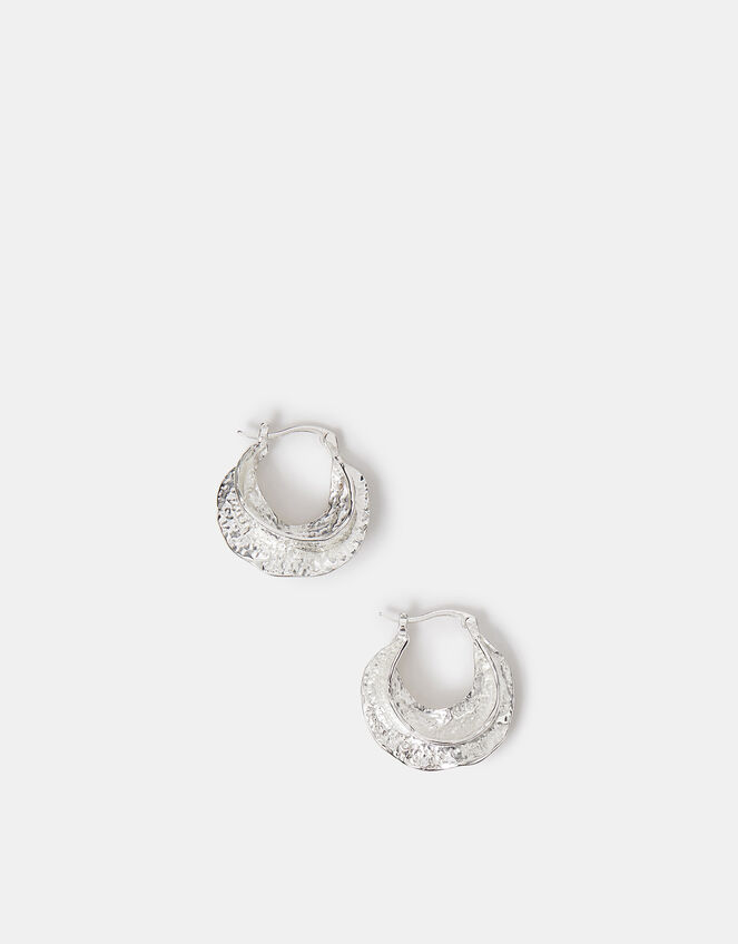 Sterling Silver-Plated Chunky Hammered Hoop Earrings, , large