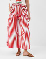 Cherry Embroidered Stripe Midi Skirt, Red (RED), large