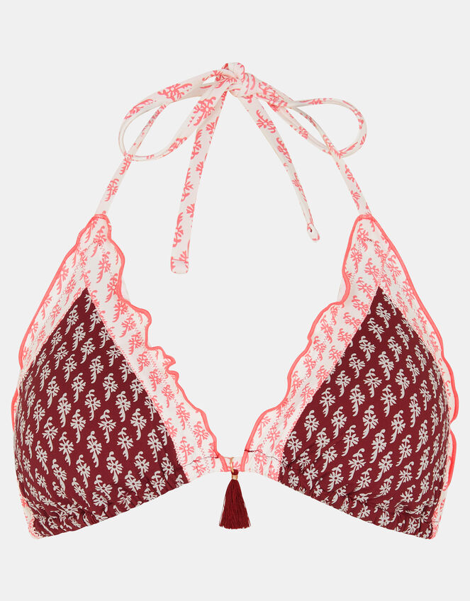 Frill Floral Triangle Bikini Top, Red (BURGUNDY), large