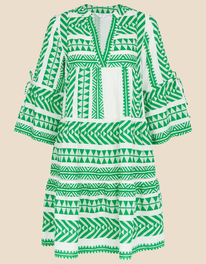 Print Jacquard Flute Sleeve Mini Dress with Sustainable Cotton, Green (GREEN), large