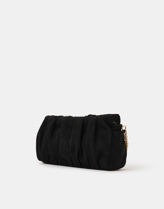 Ruched Faux Suede Clutch Bag, Black (BLACK), large