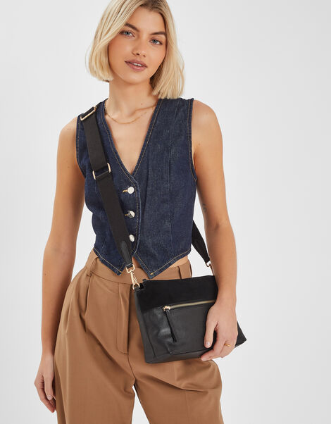 Leather Webbing Strap Cross-Body Bag, Black (BLACK), large